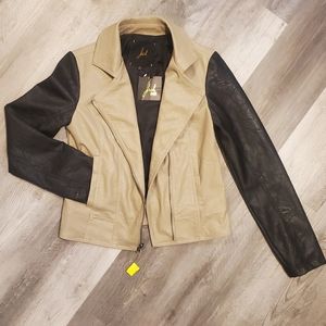 Colorblocked crinkle leather moto jacket